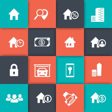 Gayrimenkul simgeleri, ev satışı, arama, gayrimenkul sembolleri, daireler, kiralık evler, vektör illüstrasyon