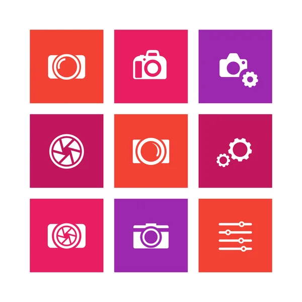 Fotografie-Icons, Kamera, Blende, Fotografie-Schilder, Kamera-Piktogramme, Quadrat-Icons-Set, Vektorillustration — Stockvektor