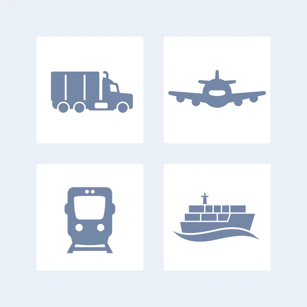 Iconos de la industria del transporte, vector de tren de carga, transporte aéreo, buque de carga, transporte marítimo, icono de camión de carga, transporte — Vector de stock