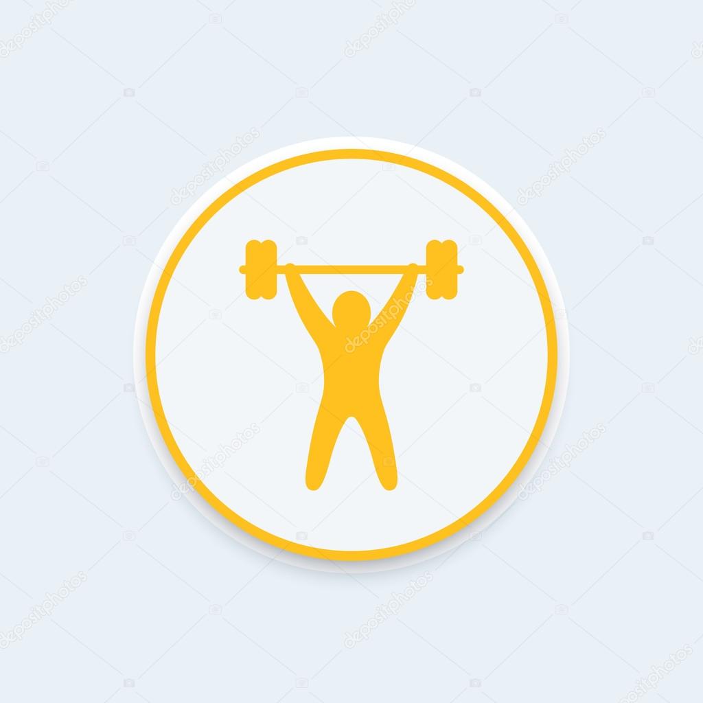 Strength training round icon, workout icon, gym sign, fitness logo element, training pictogram, vector illustration