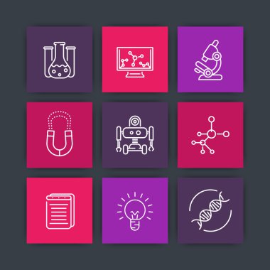 Bilim hattı simgeleri, araştırma, laboratuvar, çalışma, kimya, fizik, biyoloji, bilim kare simgeleri, vektör illüstrasyon