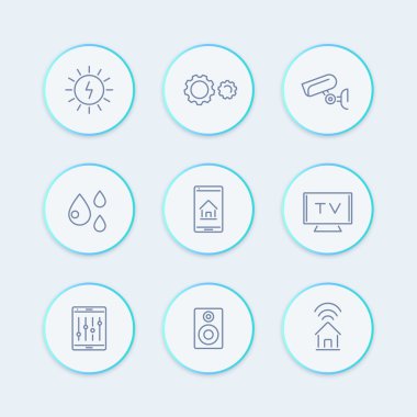 Smart House çizgi simgeleri, akıllı elektronik, nesnelerin interneti yuvarlak simgeler, vektör illüstrasyon