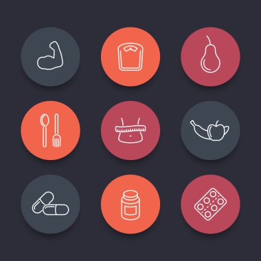 Diyet, beslenme hattı yuvarlak simgeler, piktogramlar, vektör illüstrasyon