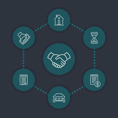 Leasing, bankacılık, kredi, kredi hattı simgeleri, leasing pictograms, yuvarlak simgeler, vektör illüstrasyon