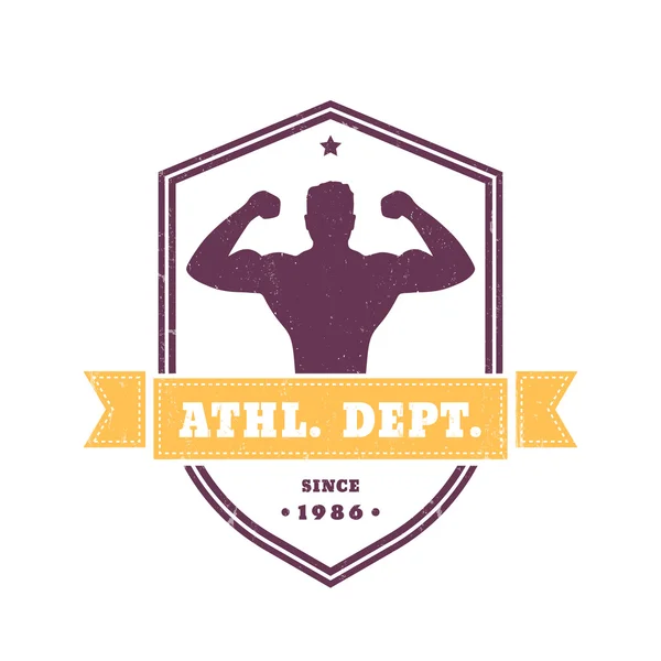 Fitness, ginásio logotipo do vintage, emblema, emblema com posar atleta no escudo, isolado em branco, ilustração vetorial — Vetor de Stock