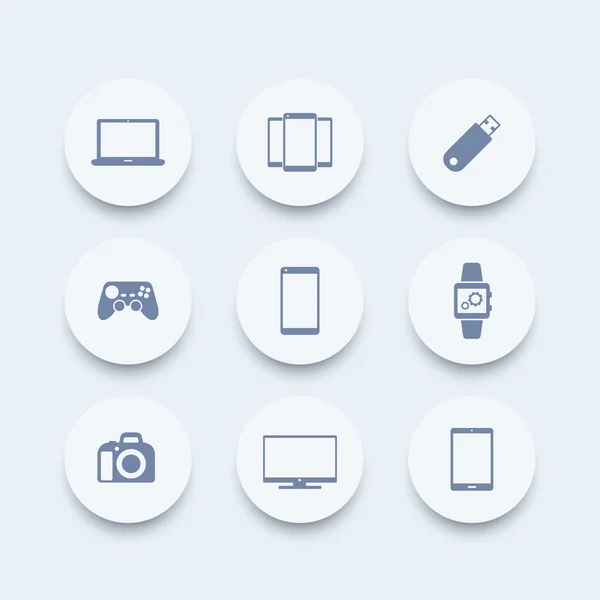 Kulaté ikony miniaplikací (laptop, tablet, kamera, smartphone, ikona s inteligentními hodinami), vektorová ilustrace — Stockový vektor