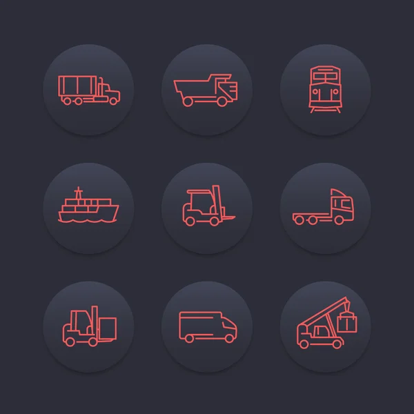 Symbole für Transportlinien, Gabelstapler, Frachtschiff, Zug, Lastwagensymbol, Transit, Transport-Piktogramme, dunkles Set, Vektorillustration — Stockvektor