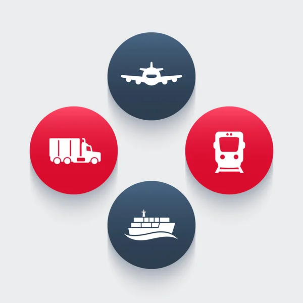Icone del settore dei trasporti, vettore del treno merci, trasporto aereo, nave da carico, icona del camion merci, pittogrammi di trasporto, icone rotonde, illustrazione vettoriale — Vettoriale Stock