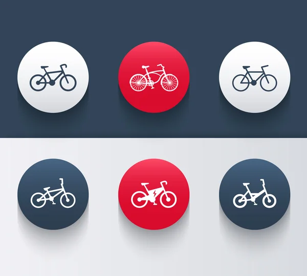 Bicycle icons, bike icon, cycling, bicycle pictogram, retro bike, electric bike, flat round icons in red and blue, vector — Stock Vector