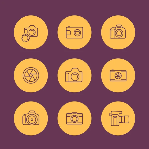 Icone della linea della macchina fotografica, dslr, diaframma, fotografia, pittogramma della macchina fotografica, icona rotonda piatta, illustrazione vettoriale — Vettoriale Stock