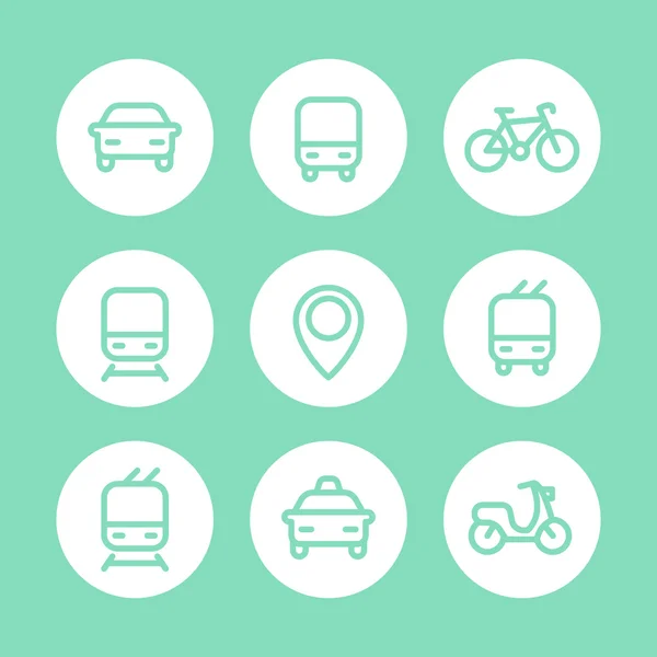 Iconos de ciudad y transporte público, iconos de vectores de transporte público, icono de autobús, tranvía, metro, taxi, coche, scooter, bicicleta, público — Archivo Imágenes Vectoriales