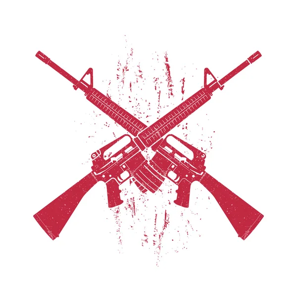 Crossed assault rifles, two 5.56 mm automatic guns, red on white, vector illustration — Stock Vector