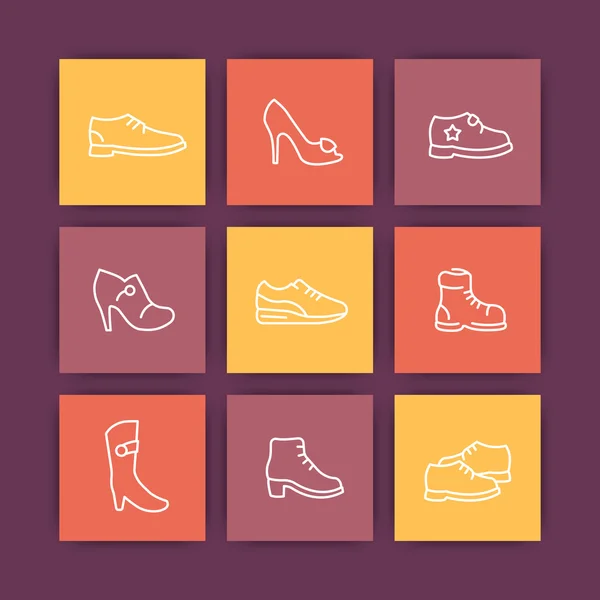 Zapatos línea de iconos, tacones, botas, zapatos deportivos, entrenadores cuadrados iconos, vector de ilustración — Vector de stock