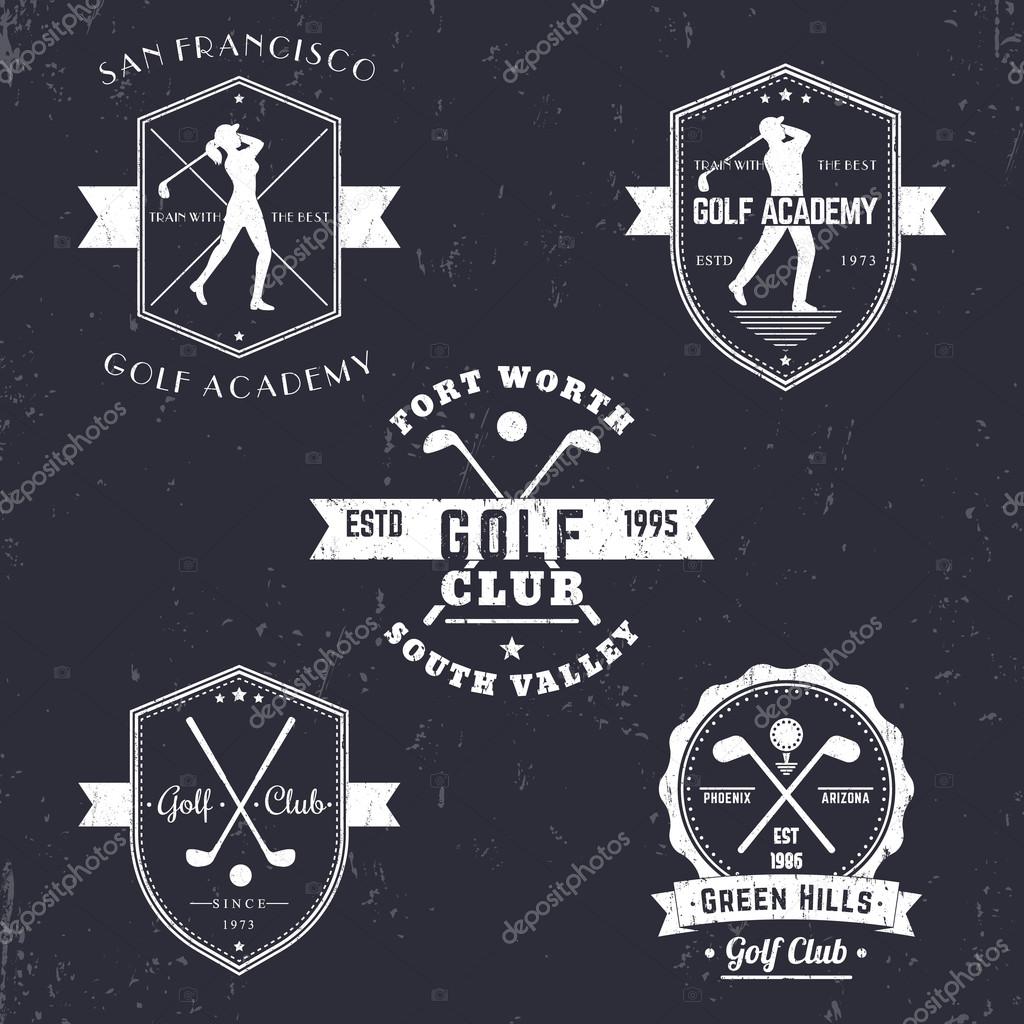 Golf club, golf academy vintage emblems, logos, golfer, crossed golf