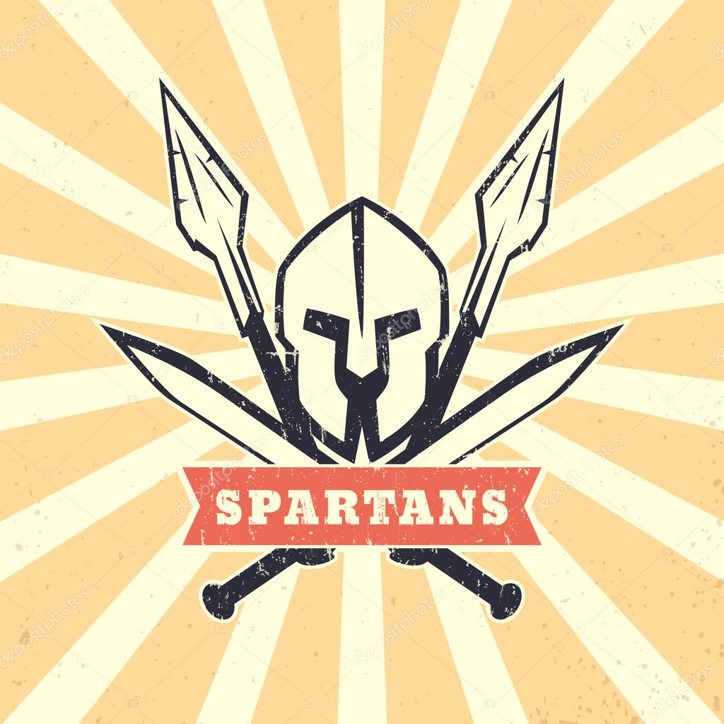 Spartans, logo, sign, emblem with spartan helmet, crossed swords and spears, vector illustration