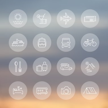 Seyahat, turizm satır simgeler, eğlence, gezi, Tur, yolculuk şeffaf Icons set, vektör çizim