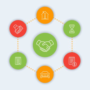 Leasing hattı simgeleri, bankacılık, kredi, kredi, leasing pictograms, yuvarlak renk simgeleri, vektör illüstrasyon