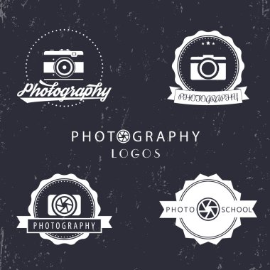 fotoğraf logoları, fotoğraf okulu, fotoğrafçı logosu, amblem, fotoğraf işaretleri, koyu beyaz, vektör illüstrasyon