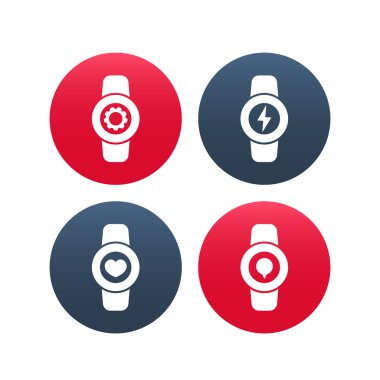 Akıllı saat simgeleri, akıllı saat ayarları, akıllı saat şarjı, fitness uygulaması, giyilebilir elektronik, beyaz akıllı saat yuvarlak simgeleri, 