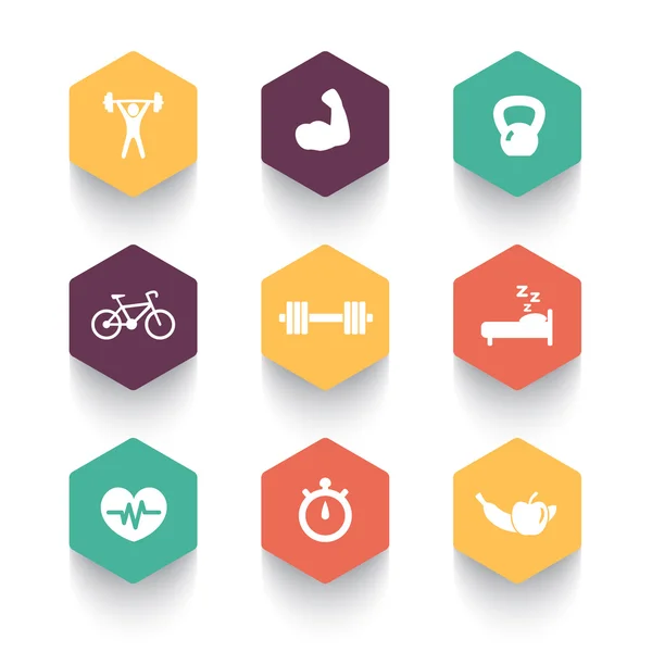 Fitness ikony, zdravotní, sportovní, moderní šestiúhelníkové ikony, piktogramy, vektorová ilustrace — Stockový vektor