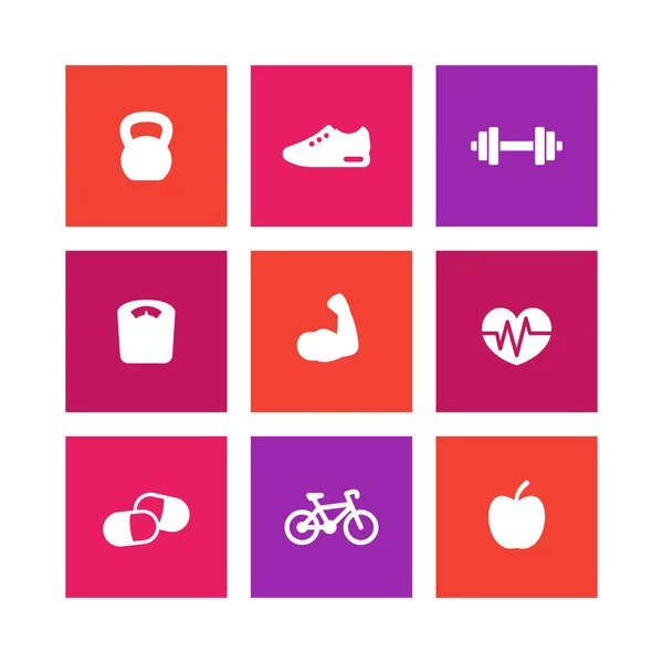 Iconos de fitness, símbolos de fitness simples, iconos cuadrados en blanco, ilustración vectorial — Archivo Imágenes Vectoriales