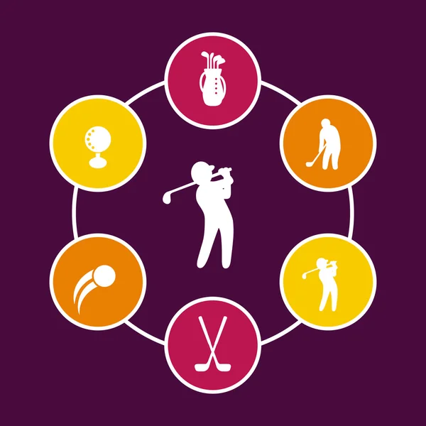 Golfronde iconen, golfclubs, golfspeler, golfer, Golf tas pictogram, vector illustratie — Stockvector