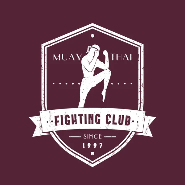 Muay Thai Fighting Club Vintage embleem Witn Fighter, logo, t-shirt afdrukken, vector illustratie — Stockvector