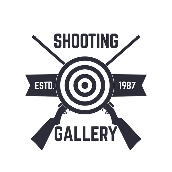 Shooting gallery logo template, cartello con fucili incrociati, fucili da caccia e bersaglio, isolato su bianco, illustrazione vettoriale — Vettoriale Stock