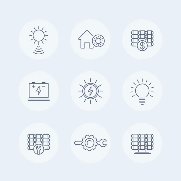 Ícones de linha de energia solar, ícone do painel solar, energia solar, painéis, planta, ícones isolados redondos, ilustração vetorial —  Vetores de Stock