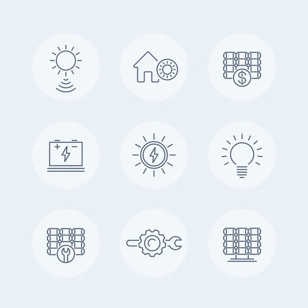 Pictogramele liniei de energie solară, pictograma panoului solar, energia solară, panouri, plante, icoane rotunde izolate, ilustrație vectorială — Vector de stoc