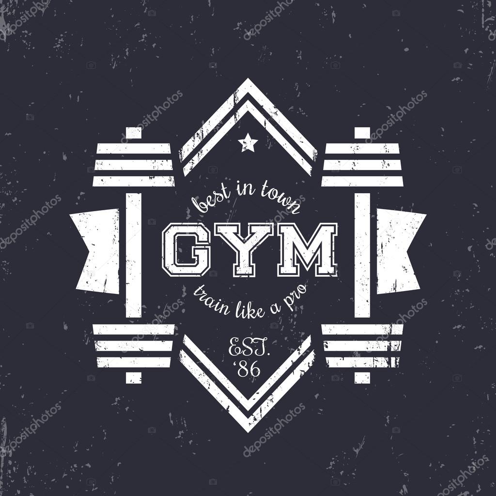 Grunge vintage gym logo, logotype with barbells, vintage gym t-shirt print, vector illustration