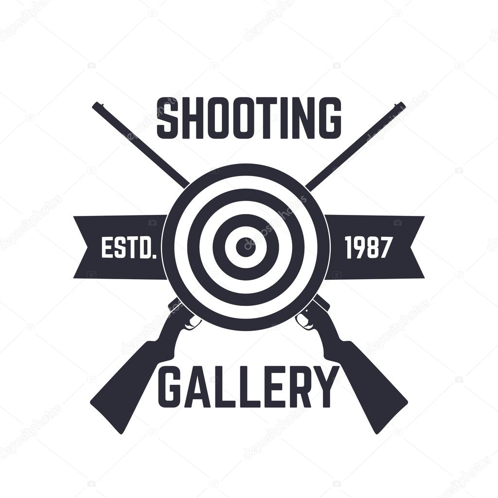 Shooting gallery logo template, sign with crossed rifles, hunting rifles and target, isolated on white, vector illustration