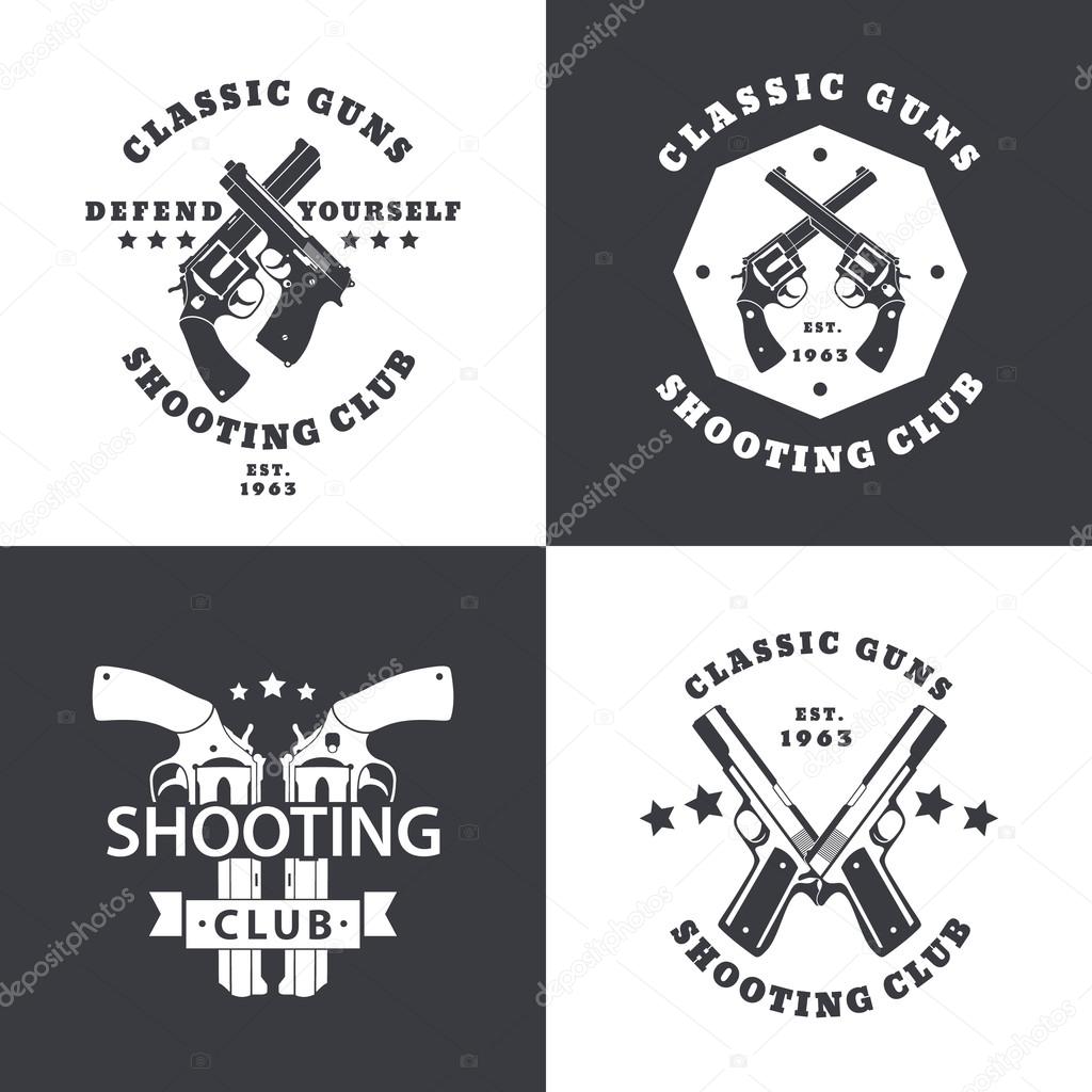 Shooting Club, vintage emblems with crossed revolvers, guns, pistols, in black and white, logo with handguns, pistols, vector