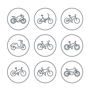 Bikes line icons, bicycle icon, bike, cycling, motorcycle, motorbike, fat bike, scooter, retro bike, electric bike, isolated icons, vector illustration clipart