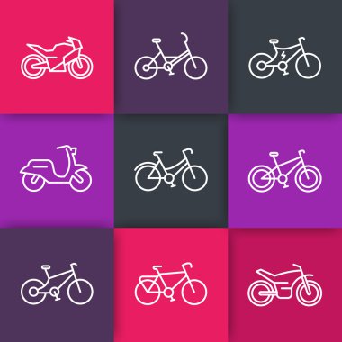 Bisiklet satır simgeler, Bisiklete binme, Bisiklet, motosiklet, motosiklet, şişman bisiklet, scooter, retro bisiklet, Elektrikli bisiklet, renkli kareler, vektör çizim simgeleri