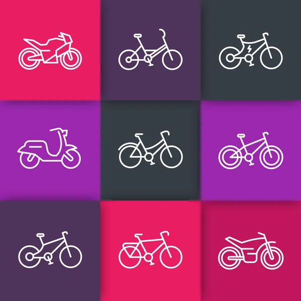 Bikes line icons, cycling, bike, motorcycle, motorbike, fat bike, scooter, retro bike, electric bike, icons on color squares, vector illustration — Stock Vector