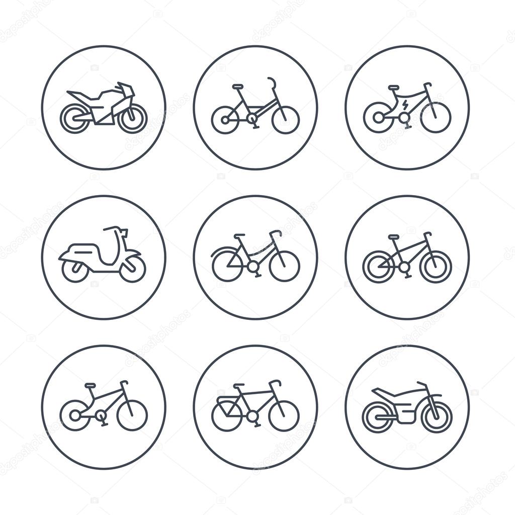 Bikes line icons, bicycle icon, bike, cycling, motorcycle, motorbike, fat bike, scooter, retro bike, electric bike, isolated icons, vector illustration
