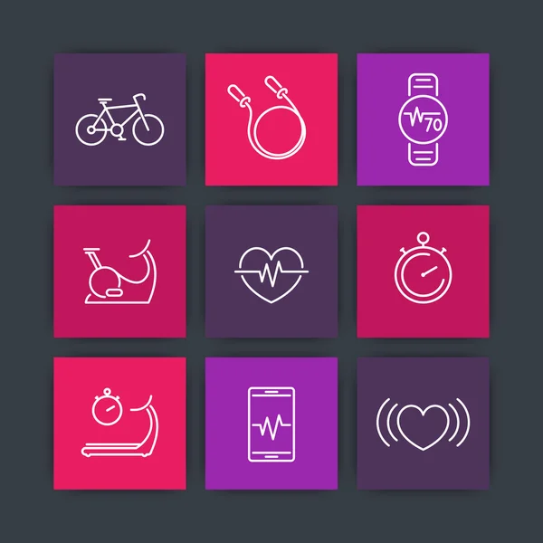 Cardio, fitness, hart training, vierkante lijn iconen, pictogrammen, vector illustratie — Stockvector