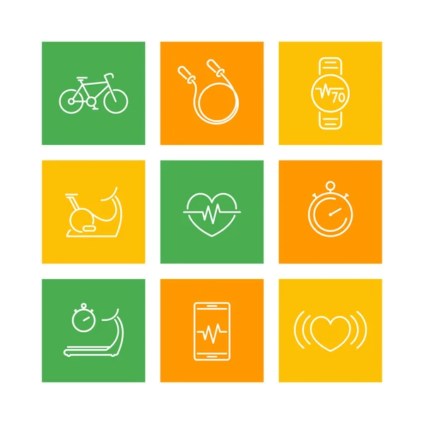 Cardio, fitness, heart training, square line icons on white, vector illustration — Stock Vector