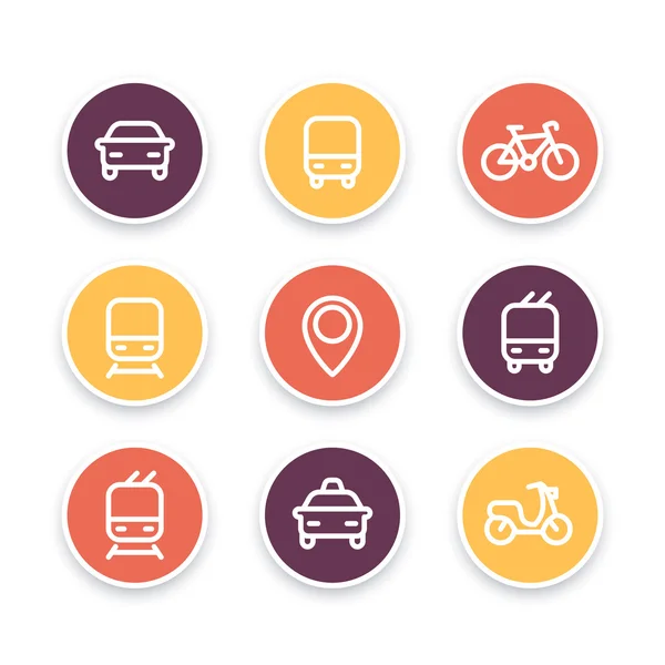 Iconos de ciudad y transporte público, iconos vectoriales de transporte público, autobús, metro, taxi, pictogramas de transporte público, iconos de línea gruesa redonda, ilustración vectorial — Vector de stock