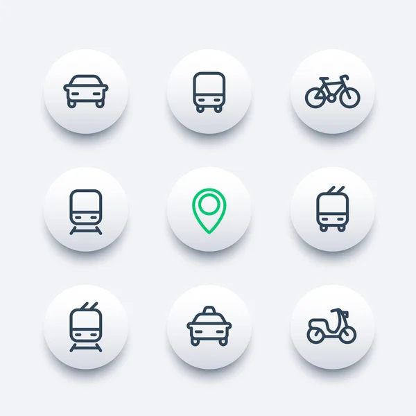 都市と公共交通機関ラウンドモダンアイコン、公共交通機関のベクトルアイコン、バス、地下鉄、タクシー、公共交通機関のピクトグラム、太線アイコンセット、ベクトルイラスト — ストックベクタ
