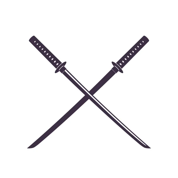 Gekruiste Japanse zwaarden, katana, geïsoleerd op wit, vectorillustratie — Stockvector