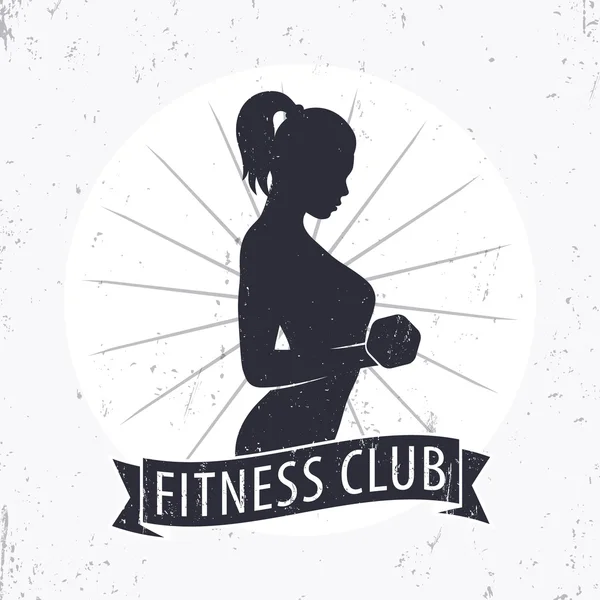 Logotipo do clube de fitness com a menina atlética posando e fita, elementos emblema do clube de fitness, ilustração vetorial — Vetor de Stock