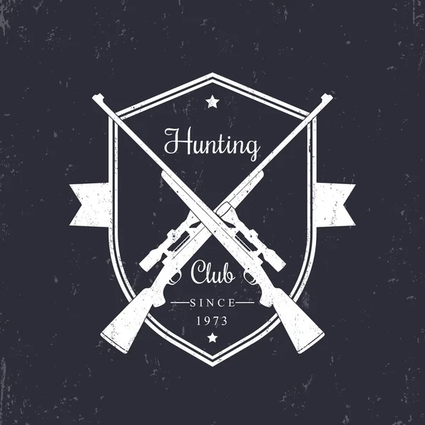 Hunting club vintage emblem, logo with crossed hunting rifles, white on dark, vector illustration — Stock Vector