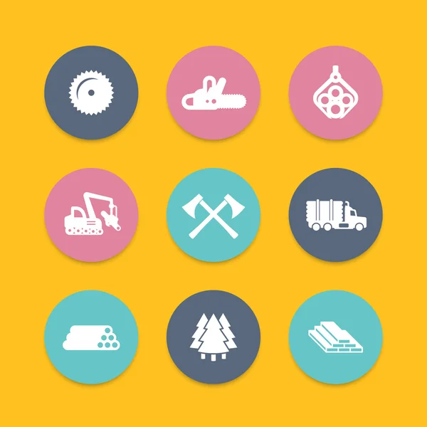 Logging, forestry equipment icons, tree harvester, timber, logging truck, lorry, lumber, logging vehicle round icons, vector illustration — Stock Vector