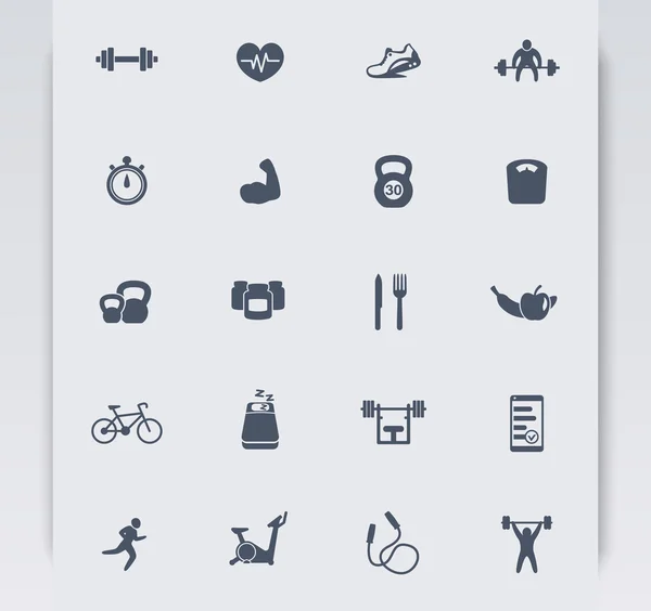 20 fitness icons, active lifestyle, fitness vector icons, gym, sport, workout, training icons, fitness pictograms, vector illustration — Stock Vector