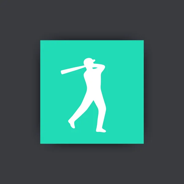 Baseball-Ikone, Baseballspieler bei Fledermaus flaches quadratisches Symbol, Baseball-Zeichen, Vektorillustration — Stockvektor