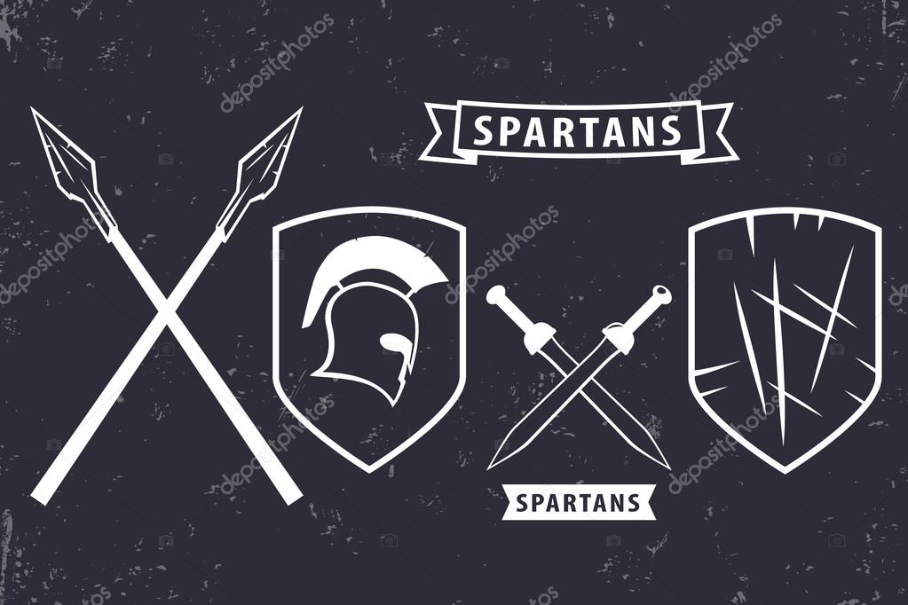 Spartans. Elements for emblem, logo design, spartan helmet, crossed swords, spears, shield, vector illustration