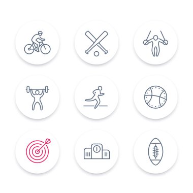 farklı spor lar, yuvarlak çizgi simgeleri, spor lineer işaretler, vektör illüstrasyon