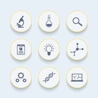 Bilim simgeler, araştırma, laboratuvar, mikroskop, dna zinciri, laboratuvar cam, bilim işaretler, yuvarlak simgeler, vektör çizim